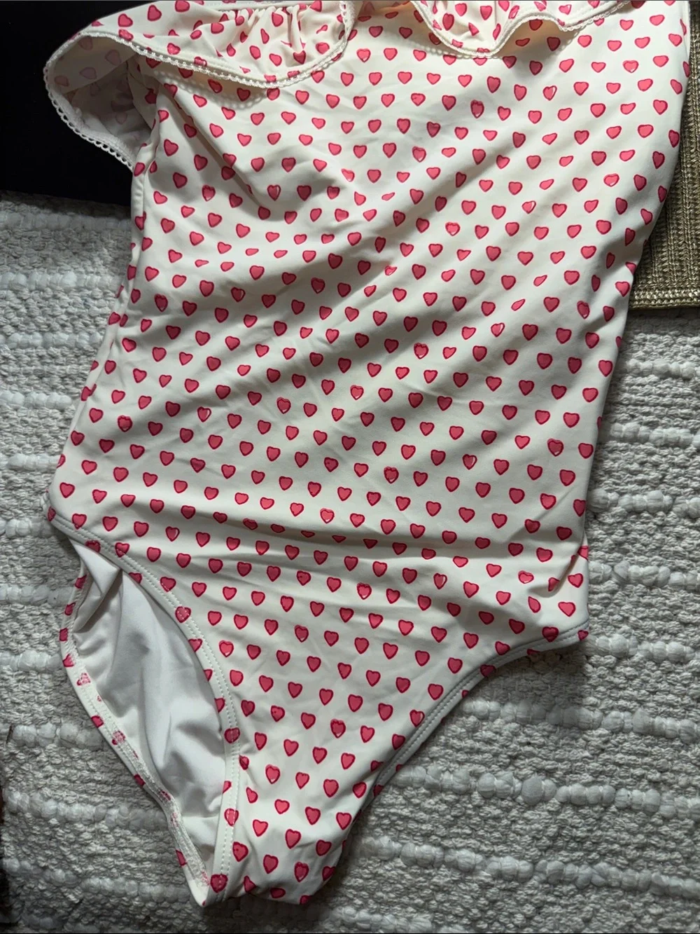 Roller Rabbit Girls Heart Print Ruffle One Piece Swimsuit White Pink Size 10